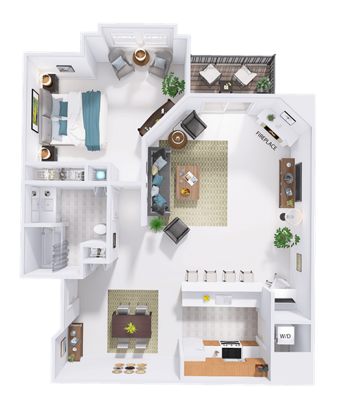 Floor plan for 1 bed, 2 baths, 1399 sqft